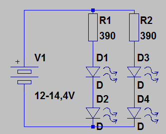 Widerstand: (14,4V - 2*3,5V) / 20mA = 370 Ohm<br />Nächst größerer E24 -> 390 Ohm